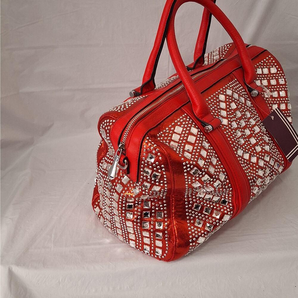 Y2K-style Red Rhinestone Duffle Satchel Bag - Picture 2 of 11
